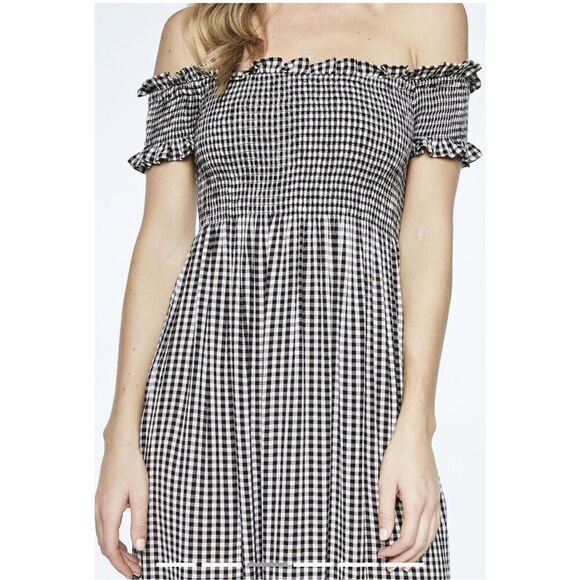 Bardot Cindy Gingham Black & White Off Shoulder Smocked MIDI dress - Picture 5 of 10